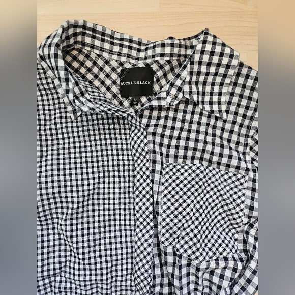 Buckle Black and White Mixed Gingham Print Button Up With Waist Tie - Picture 5 of 7